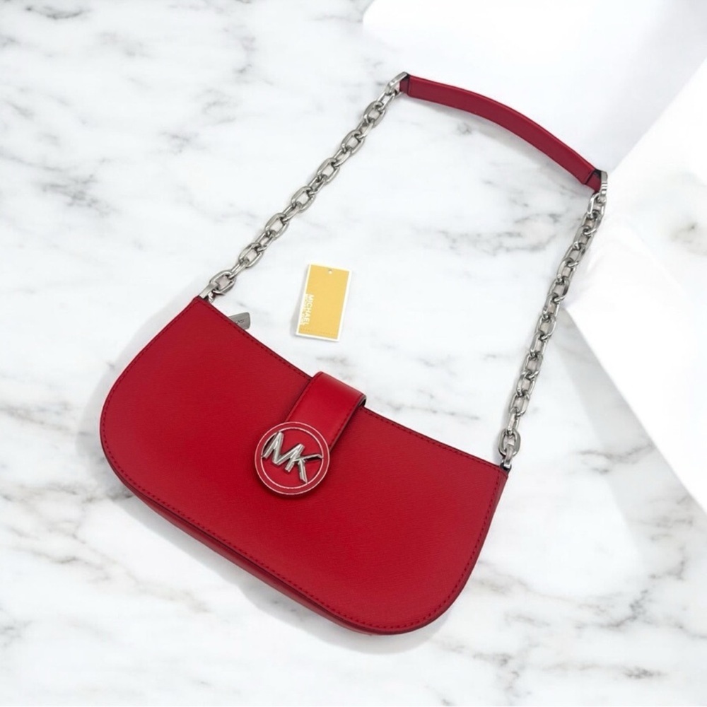 Michael Kors Carmen Small Pouchette Crossbody Bag Red/Silver - Picture 6 of 9